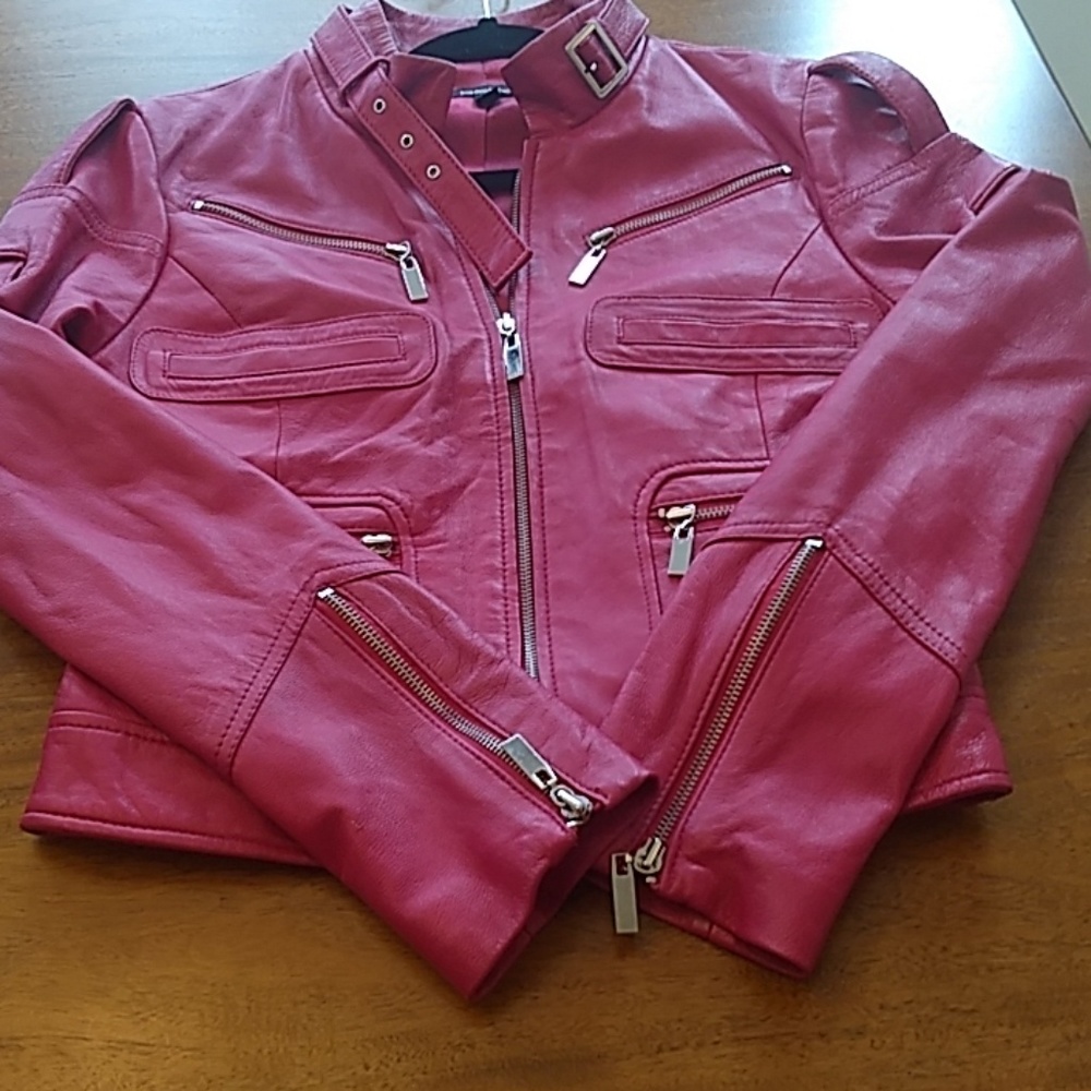 Bebe Magenta Pink Motorcycle Real Leather Jacket